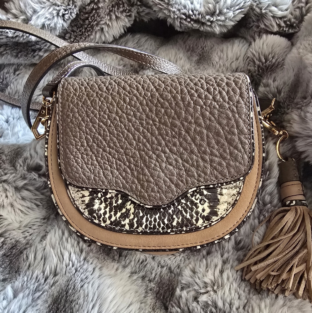 Taupe Multi-Texture Crossbody Bag with Tassel